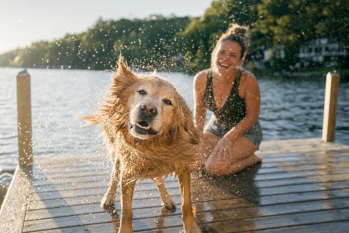 Dog shaking off water after a swim, illustrating the trapped-moisture moment yeast loves in summer