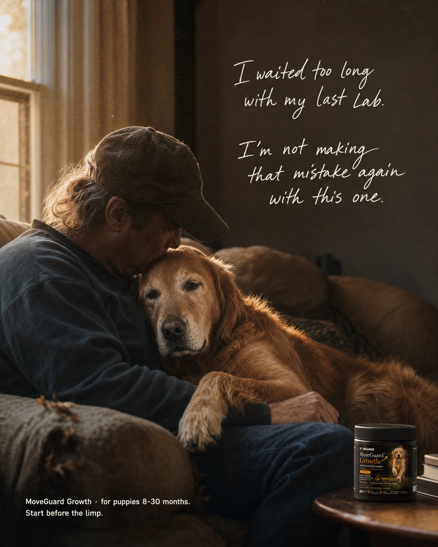 A dog owner embracing his senior dog in warm window light — the emotional 'wish I'd started sooner' moment behind MoveGuard Growth.