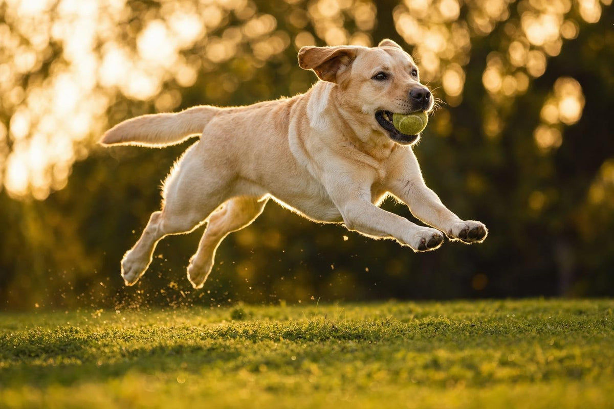 Young yellow Labrador in full sprint at golden hour, all four paws off the ground chasing a tennis ball — the athletic workload MoveGuard Growth is built to support.