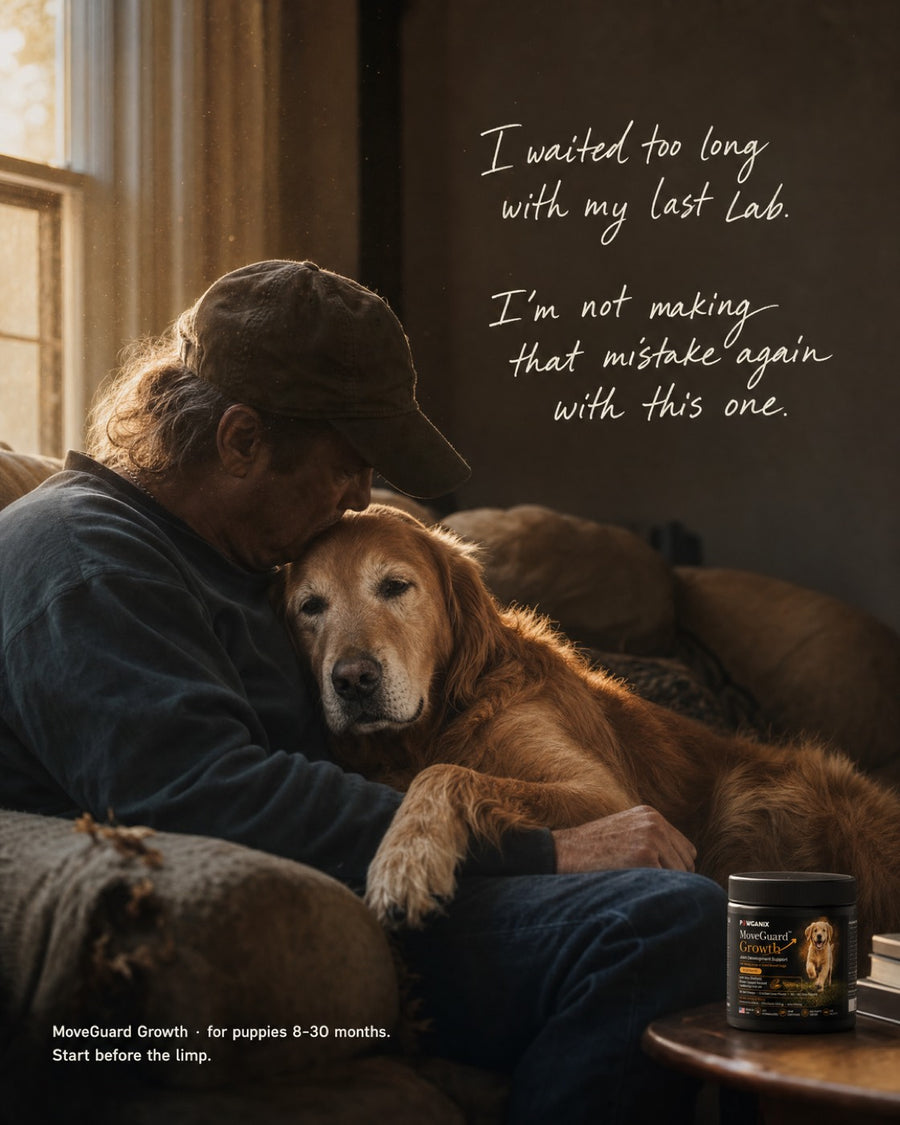 A dog owner in a cap resting his head against his senior golden retriever in warm window light — 'I waited too long with my last Lab, I'm not making that mistake again' — the wish-I'd-started-sooner moment behind MoveGuard Growth.
