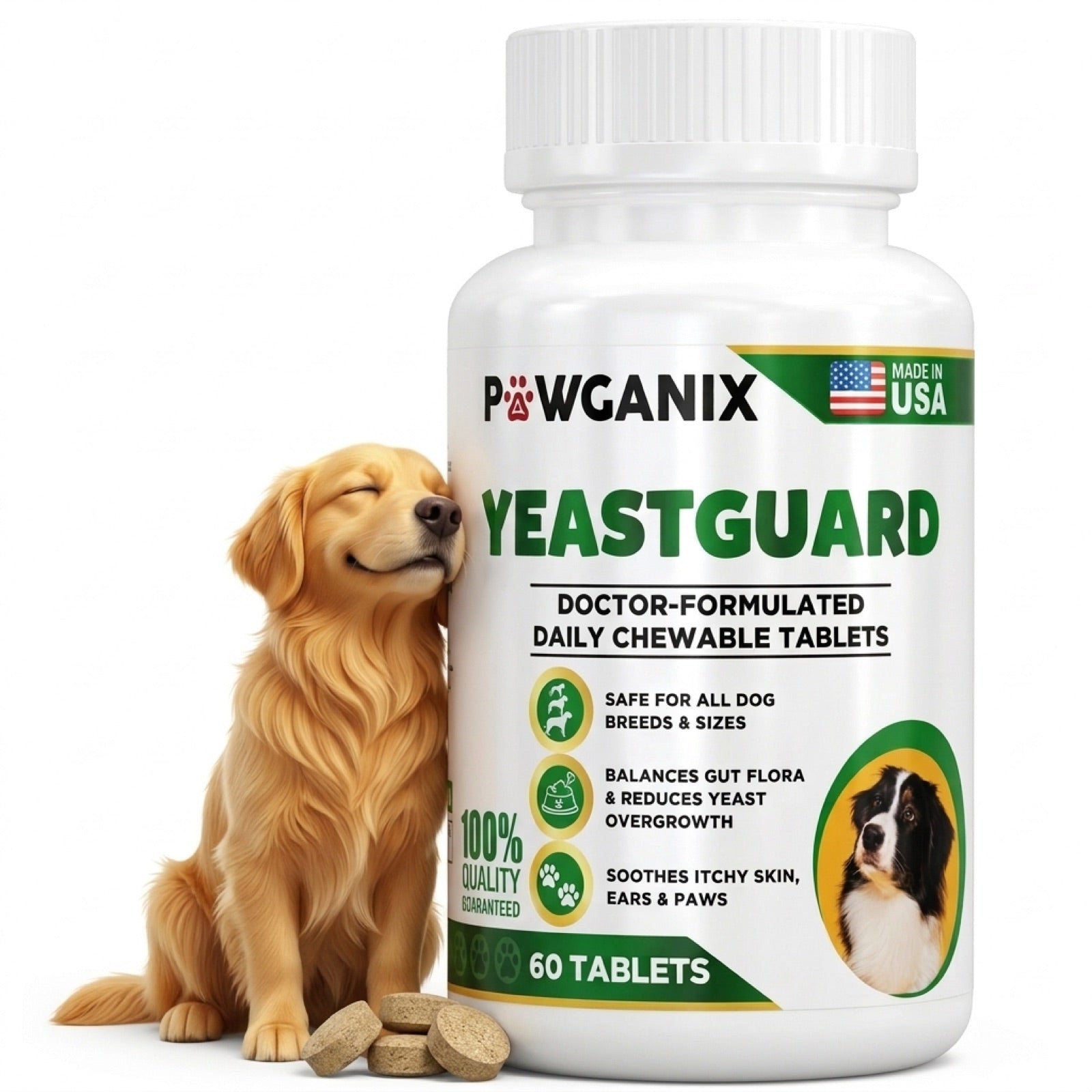 Happy golden retriever nuzzling a YeastGuard bottle on a clean background, a calm dog with comfortable, healthy skin and ears