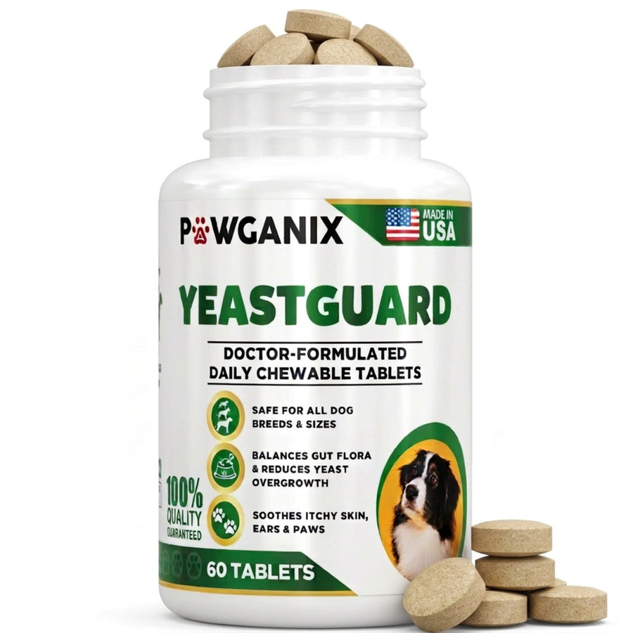 YeastGuard bottle with cap open showing the tan chicken-liver-flavored chews inside, the palm-sized daily supplement