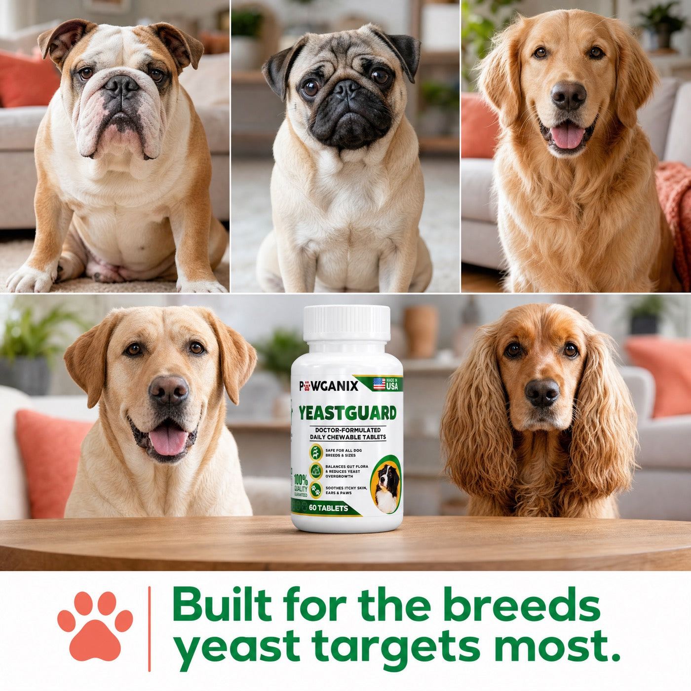 A grid of dog breeds prone to yeasty, itchy skin and ears