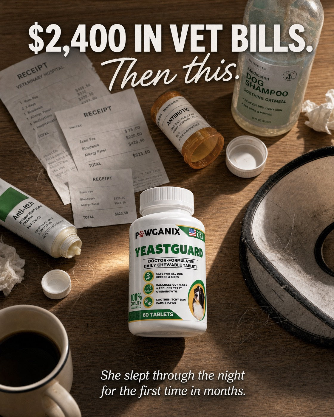 A pile of veterinary receipts, an antibiotic bottle, medicated dog shampoo and anti-itch cream next to a single YeastGuard bottle — over two thousand dollars in reactive vet bills versus one simple daily chew