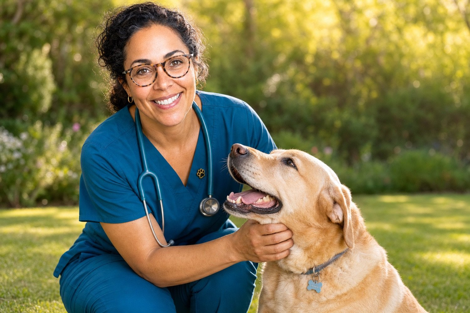 Dr. Gaby Thompson, DVM, playing with a happy adult Labrador