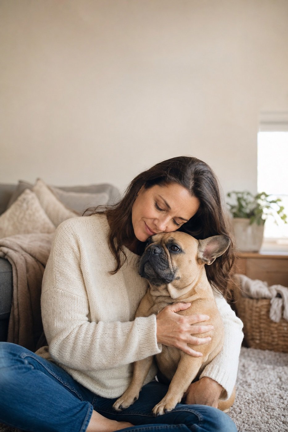 Dog parent holding her French Bulldog close after a vet visit