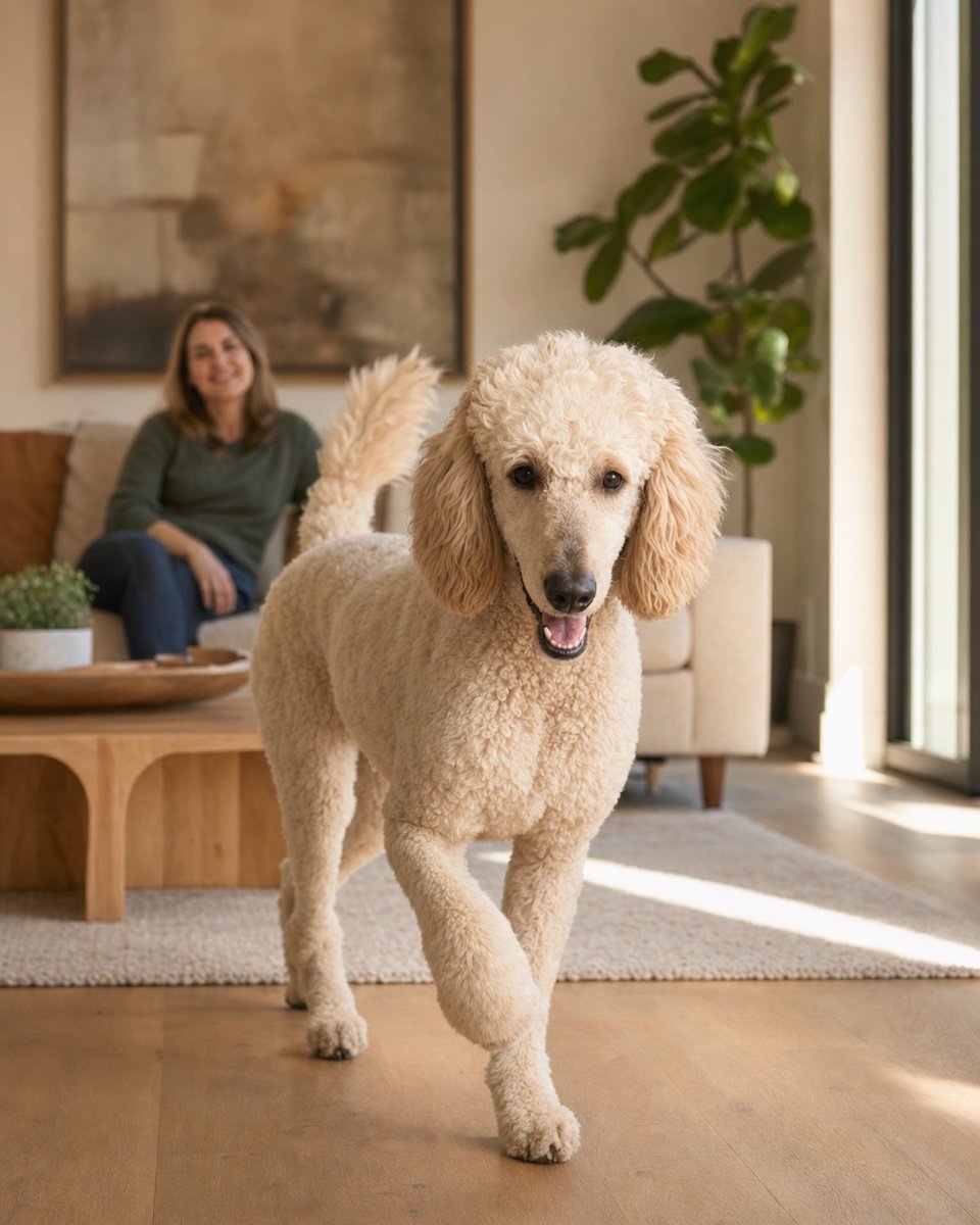 Standard Poodle moving easily across a sunlit room