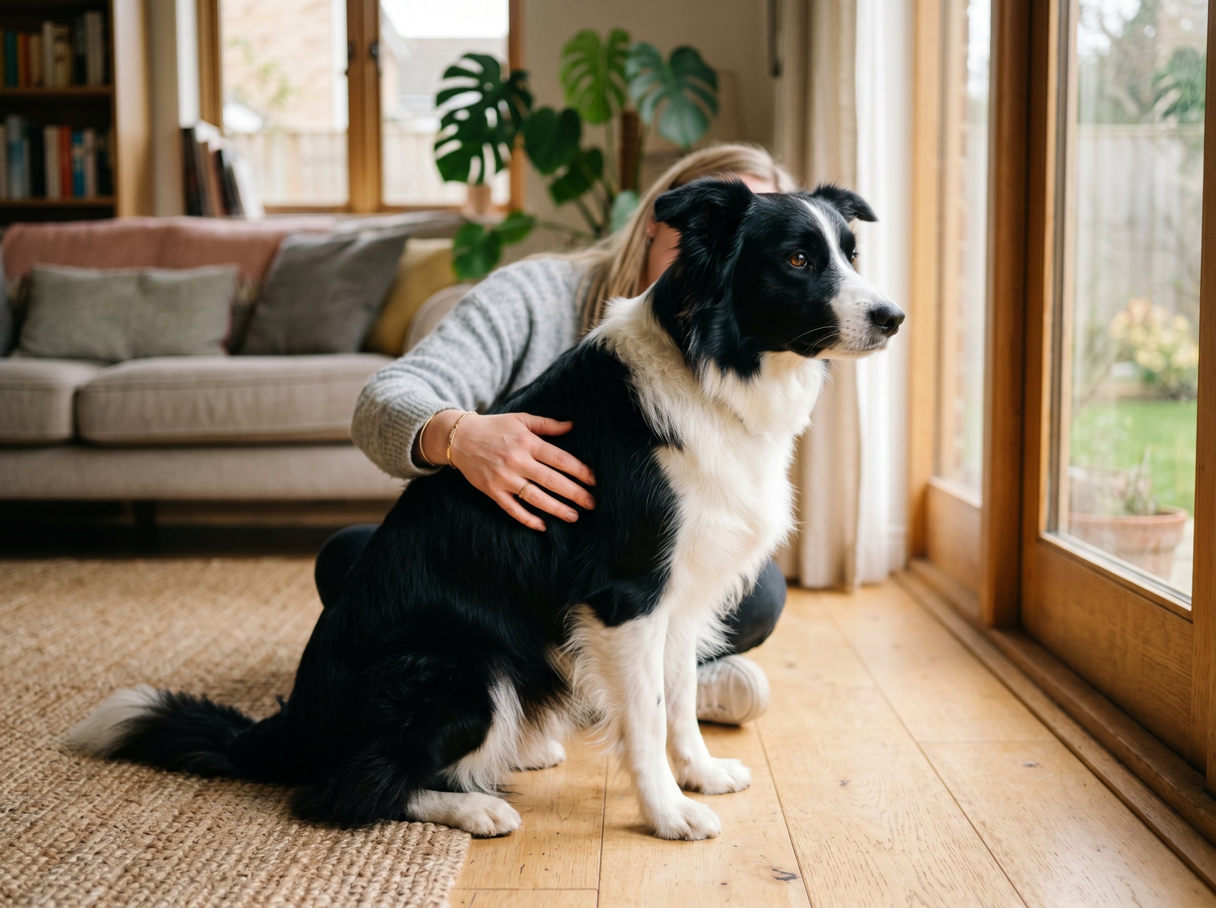 Healthy dog with clean ears and coat sitting calmly at home, representing successful long-term yeast infection prevention.