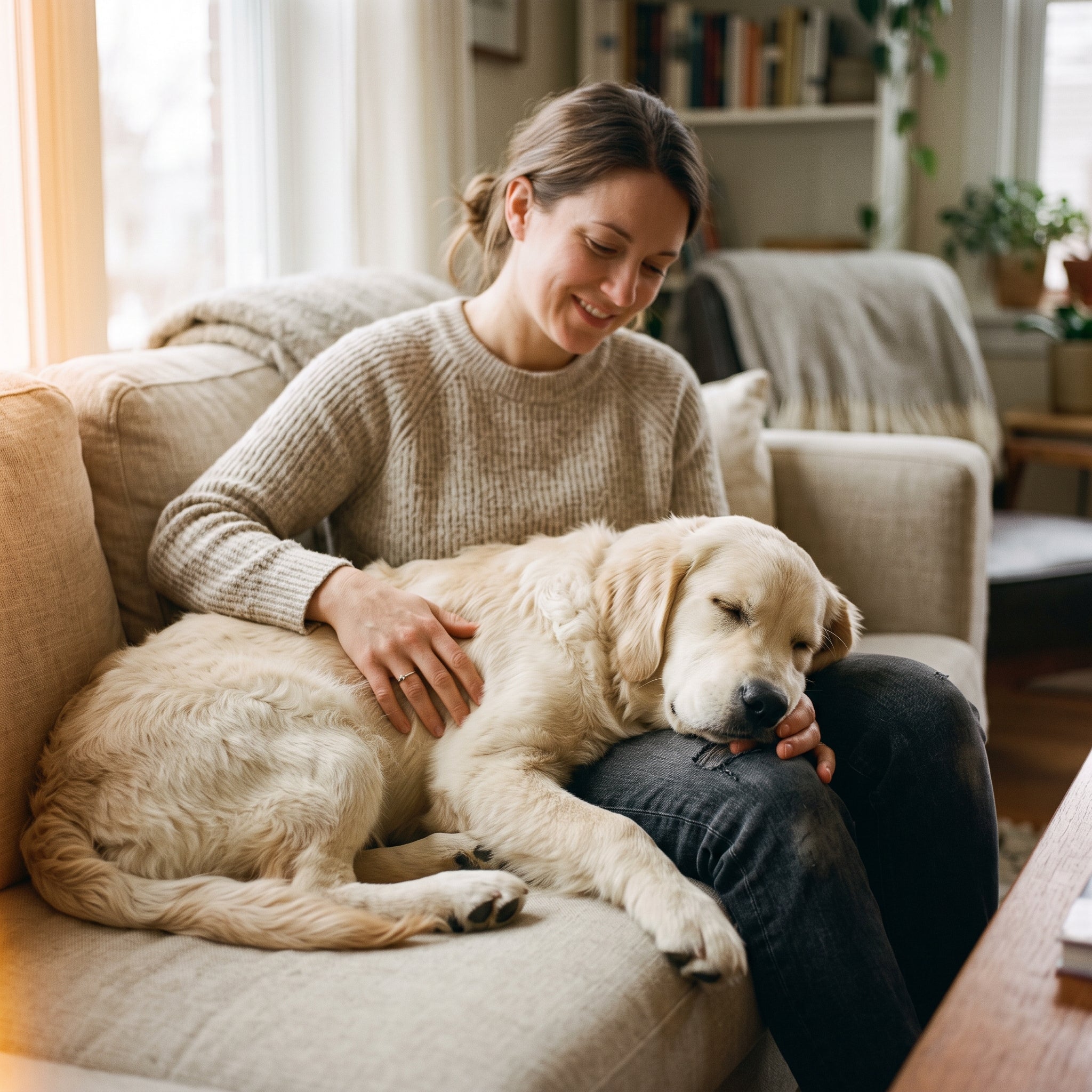 Golden Retriever resting calmly in soft indoor light