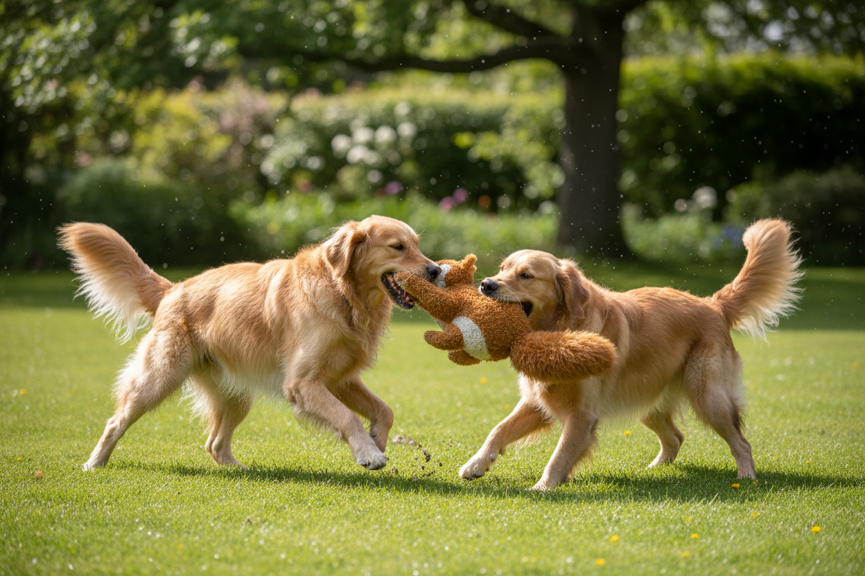 Two golden retrievers playing with a plush toy on the grass in a playful outdoor moment.