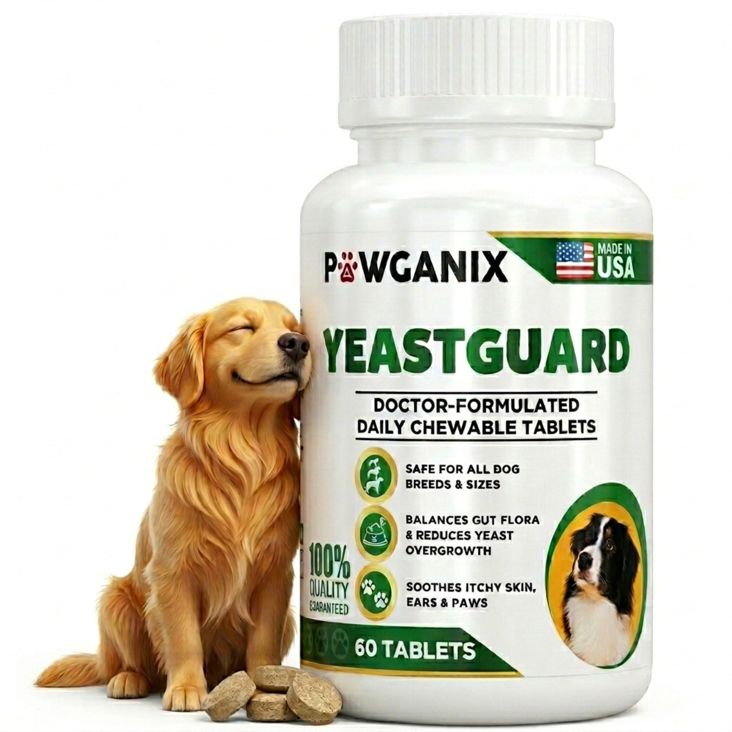 Pawganix YeastGuard supplement bottle with a dog and treats on a white background
