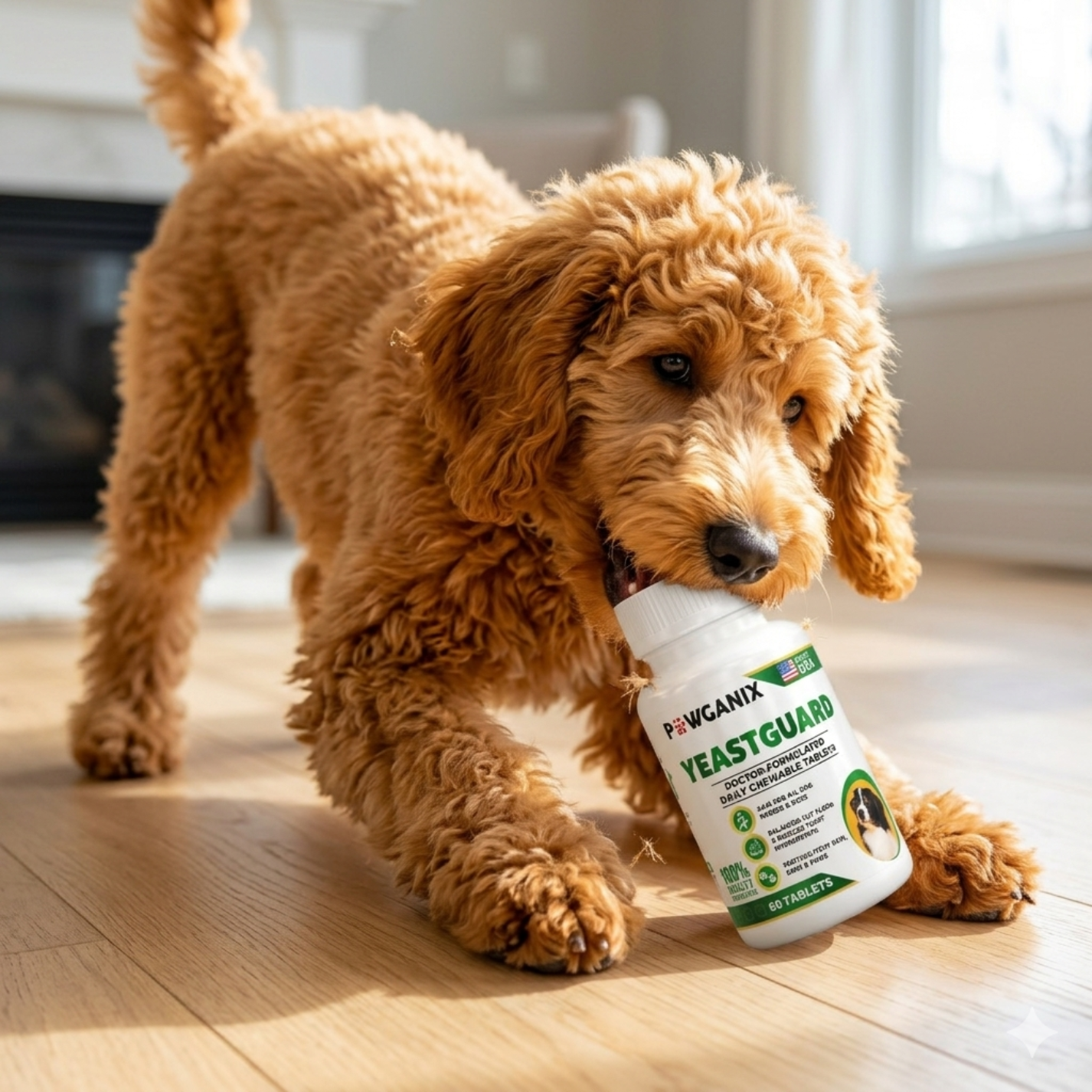 Puppy holding a Probiotix Yeast Guard supplement bottle on a wooden floor.