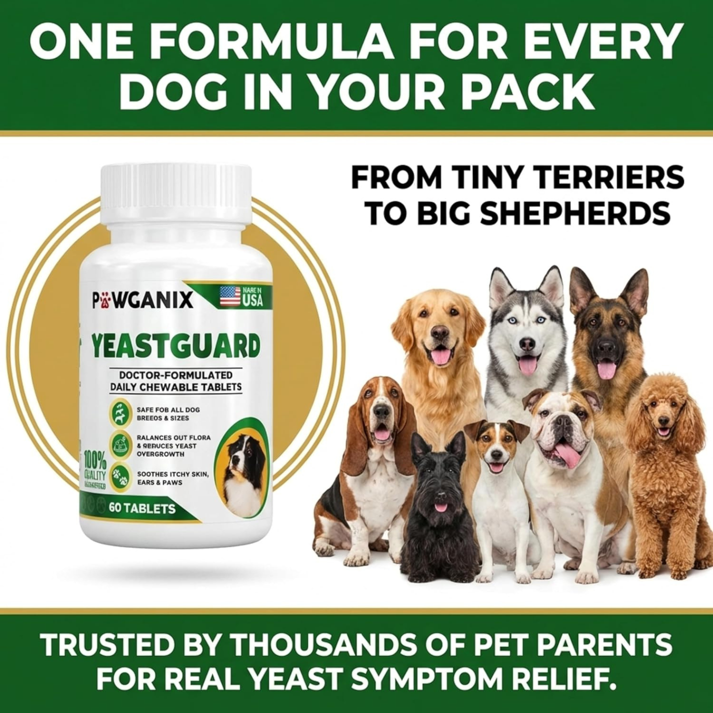 Wganix YeastGuard supplement bottle with a group of dogs and promotional text on a white background
