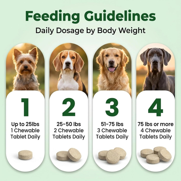 Feeding guidelines for chewable tablets by body weight with images of dogs.