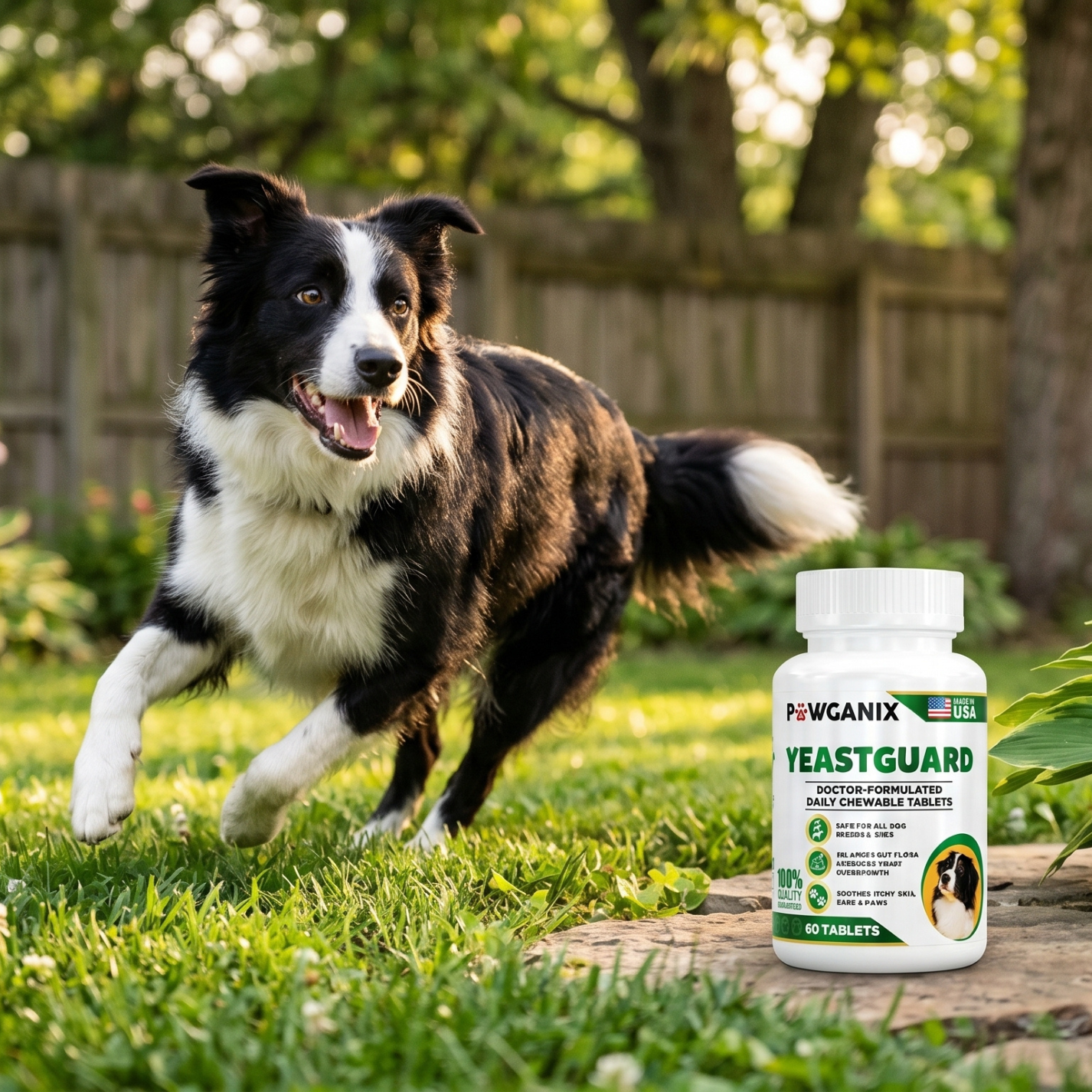 Dog running on grass with a bottle of YeastGuard supplement in the foreground