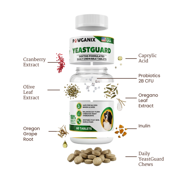 Pewganix YeastGuard supplement with labeled ingredients on a white background