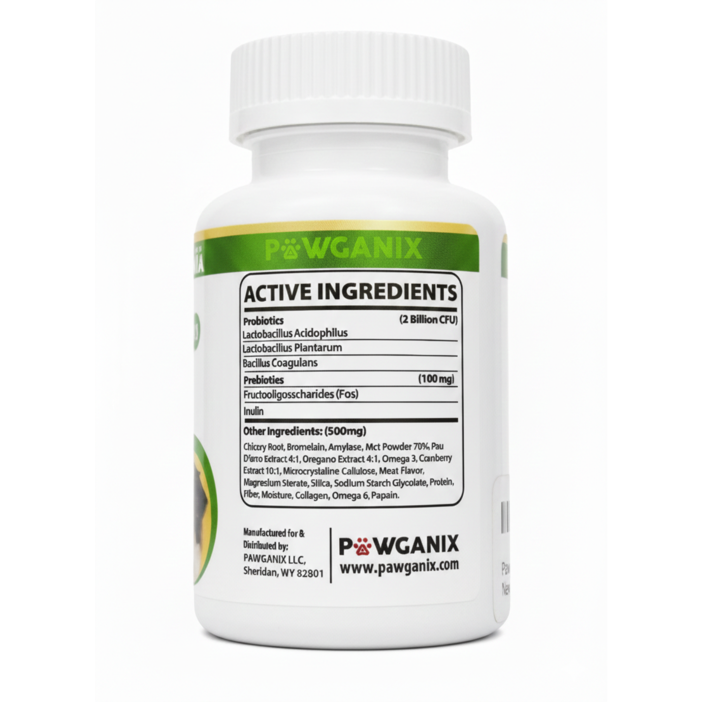 Pawganix supplement bottle with label on a white background
