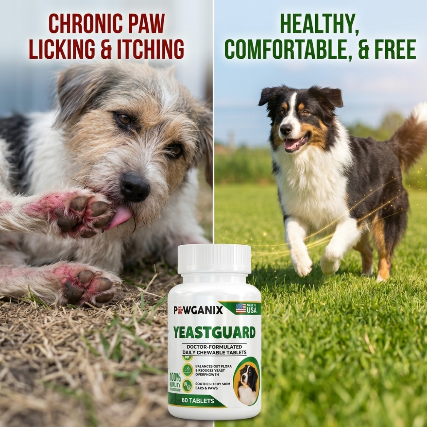 Dog with chronic paw licking and itching on the left, and a healthy dog running on grass on the right, with a bottle of YeastGuard in the center.