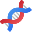 Logo of a blue and red DNA double helix on a white background