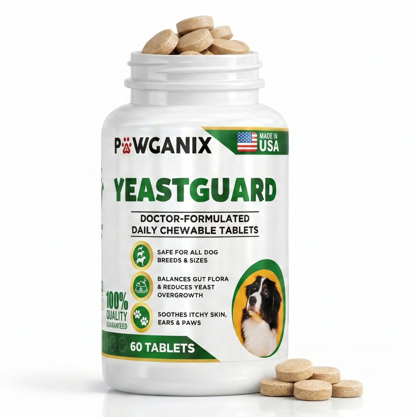 Pawganix YeastGuard dog supplement bottle with tablets on a white background