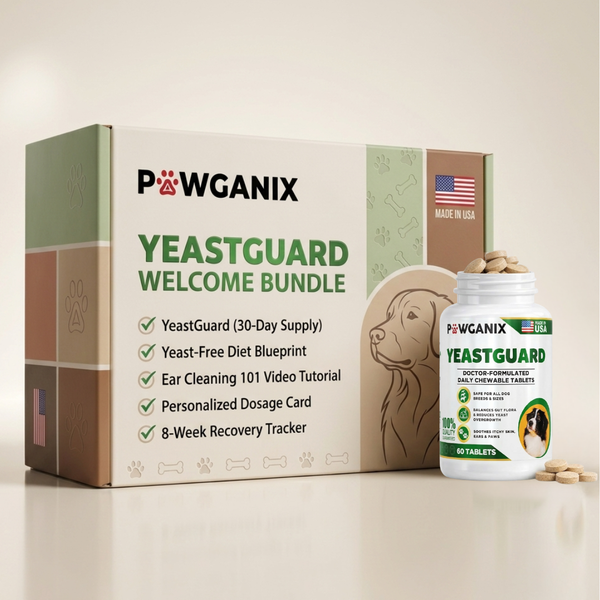 Pawganix YeastGuard Welcome Bundle with packaging and bottle on a beige background