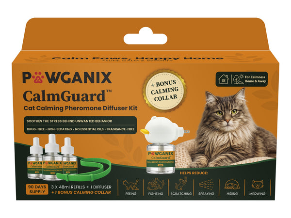 CalmGuard cat calming diffuser kit front panel showing the six behaviours it soothes