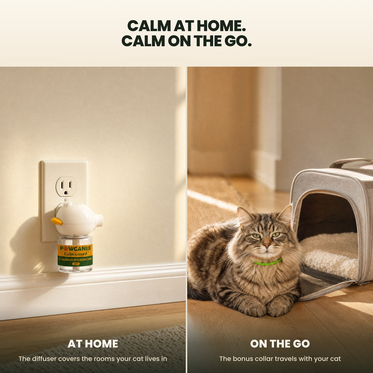 The CalmGuard diffuser plugged in at skirting height at home, and a cat wearing the calming collar beside an open carrier