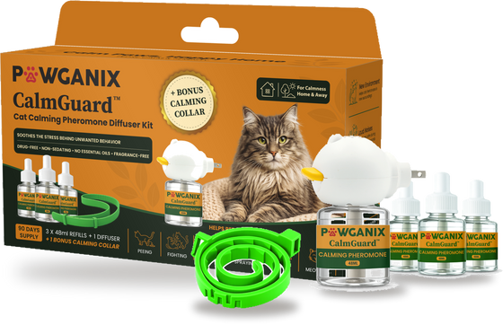 Pawganix CalmGuard cat calming pheromone diffuser kit with the box, plug in diffuser with vial, three refill vials and the bonus calming collar