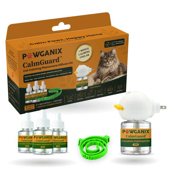 CalmGuard cat calming pheromone diffuser kit box with its contents in front, three 48 ml refills, the bonus green calming collar and the duck shaped plug in diffuser