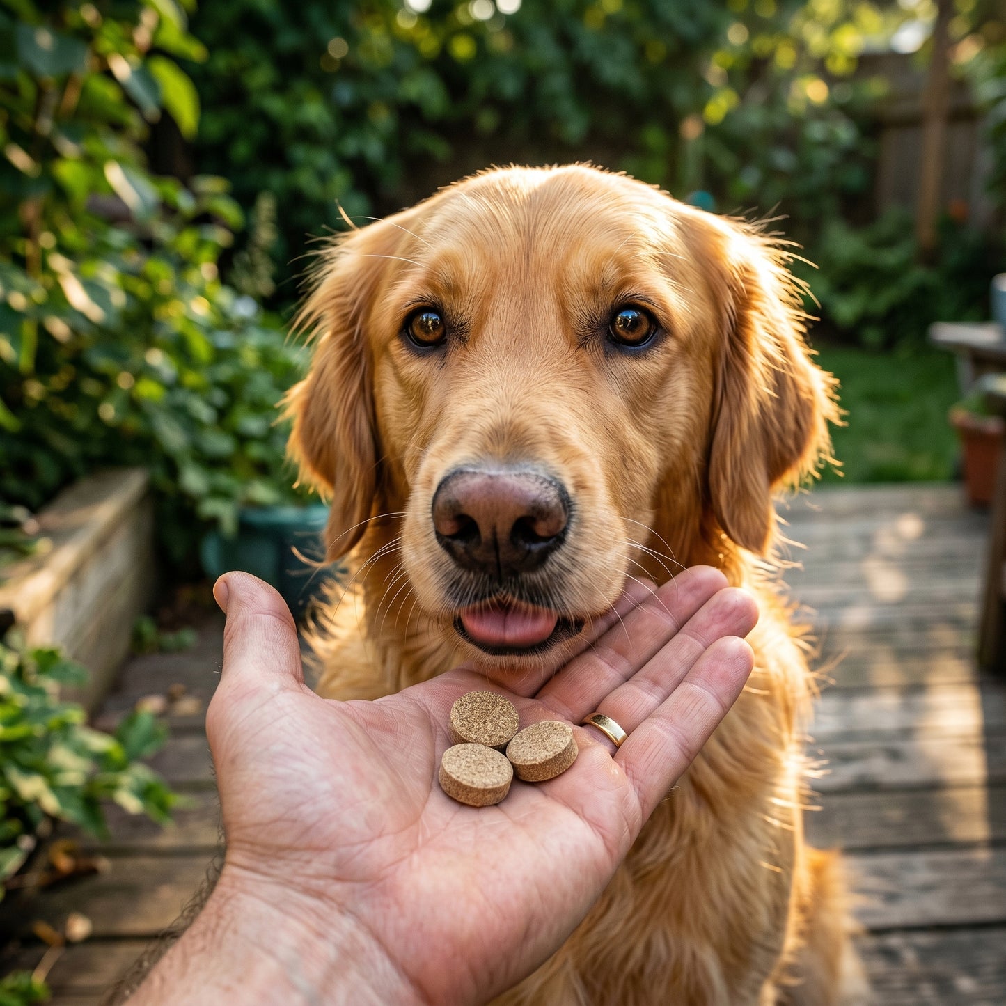 Dog looking at a hand holding three dog treats outdoors.