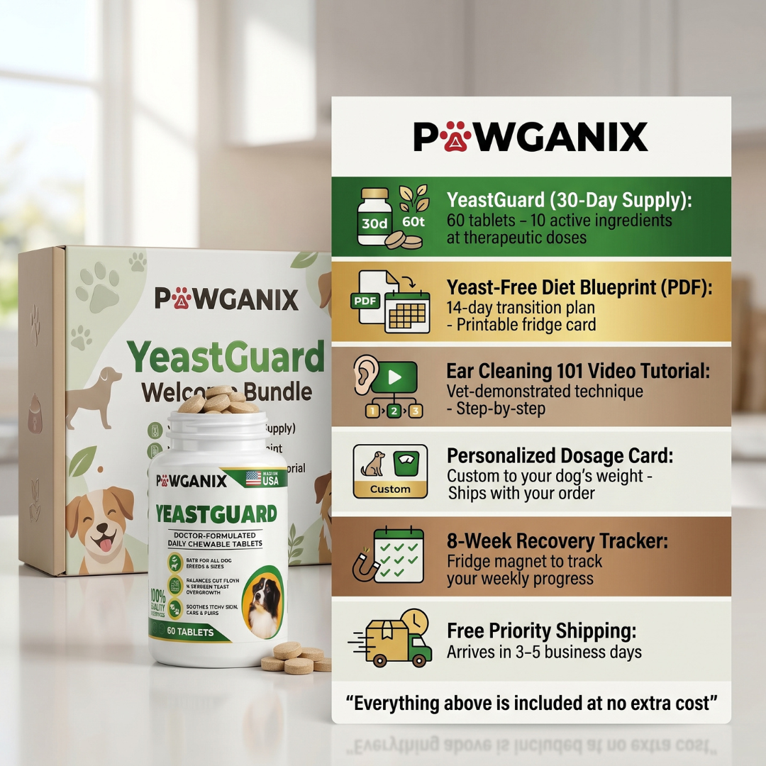Pawganix pet health product packaging with text on a blurred indoor background