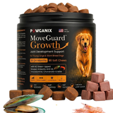 MoveGuard Growth soft chews by Pawganix shown with raw ingredients at the bottom, including an open New Zealand green-lipped mussel shell and krill shrimp, highlighting the formula's natural joint care components