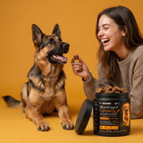 A light-colored Labrador Retriever puppy sitting comfortably on a living room rug next to a jar of MoveGuard Growth joint development support chews, capturing a cozy home lifestyle scene