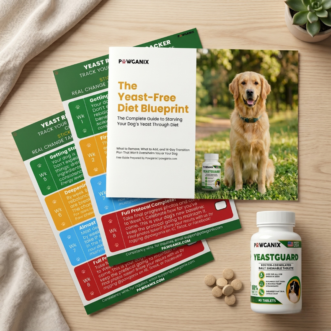 Dog health product set including a bottle, packets, and a book on a wooden surface.