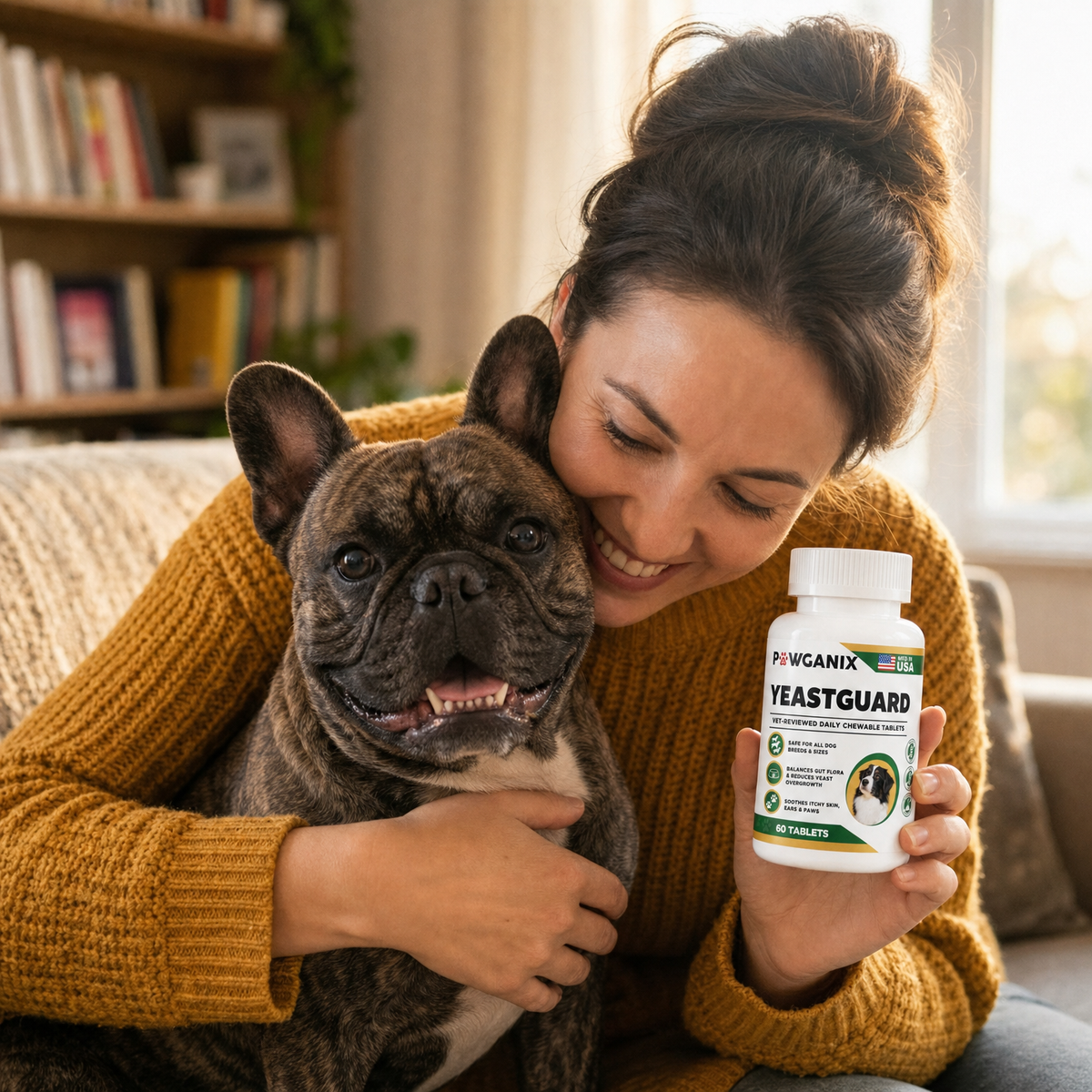 Dog parent holding YeastGuard beside her healthy french bulldog