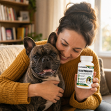 Dog parent holding YeastGuard beside her healthy french bulldog