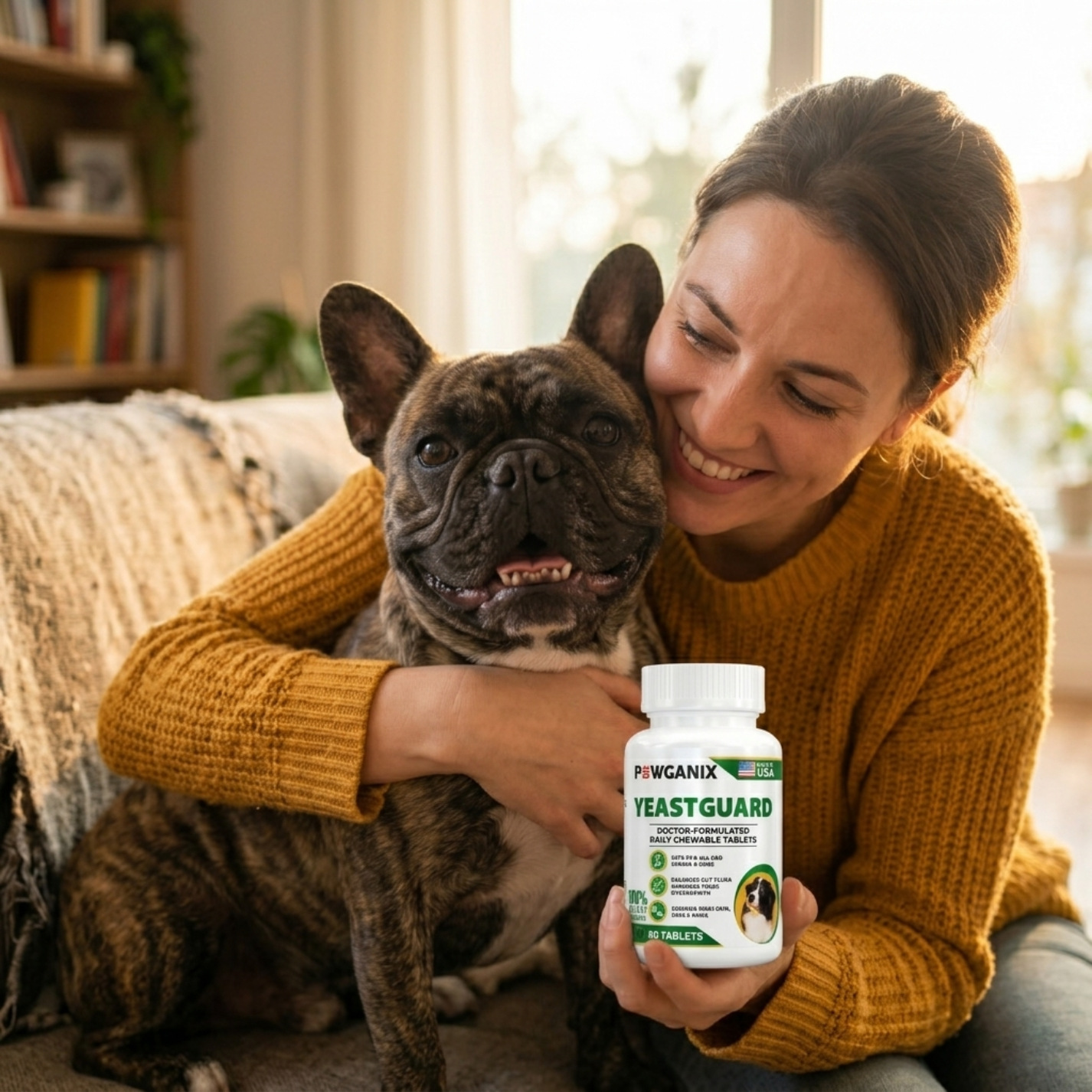 Woman holding a dog and a bottle of PYWGANIX YeastGuard supplement in a home setting.