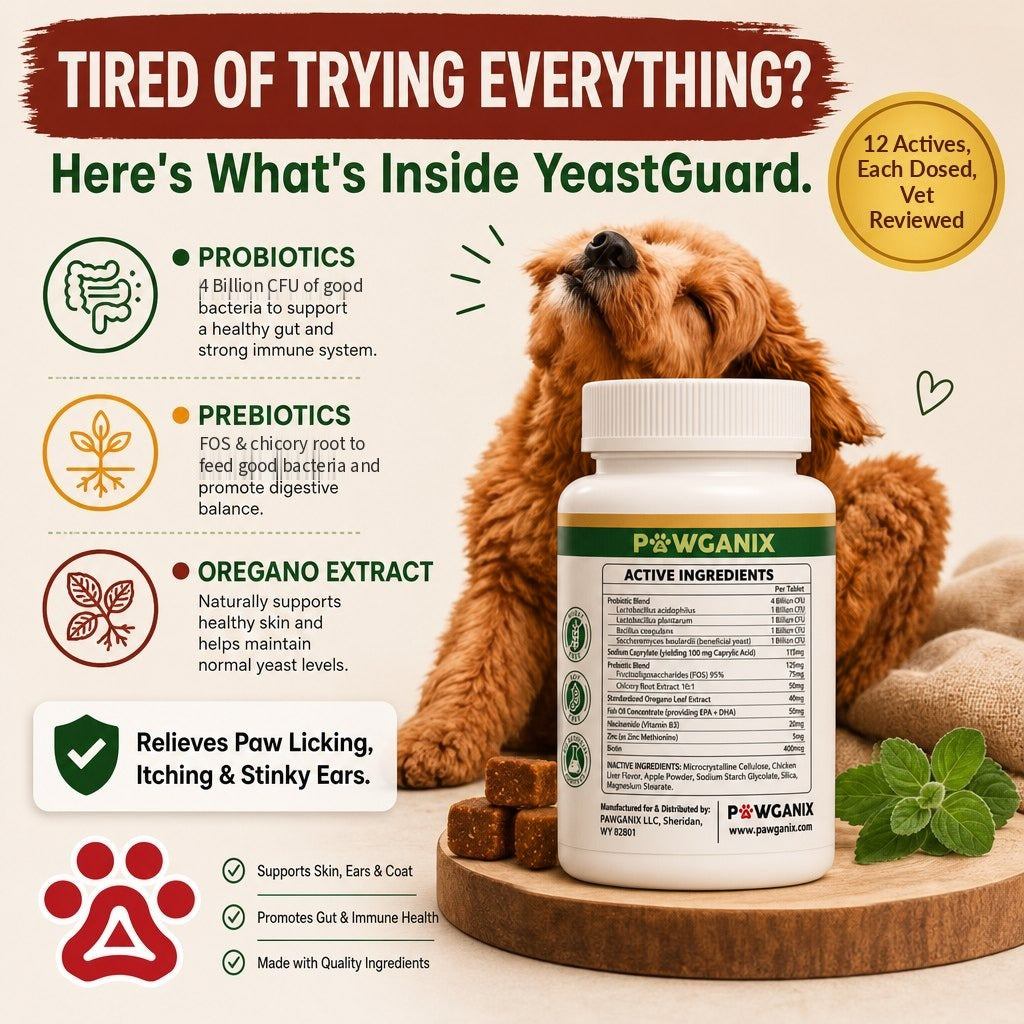 What is inside YeastGuard: 4 Billion CFU probiotics, FOS and chicory root prebiotics, oregano extract