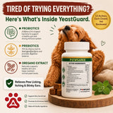 What is inside YeastGuard: 4 Billion CFU probiotics, FOS and chicory root prebiotics, oregano extract