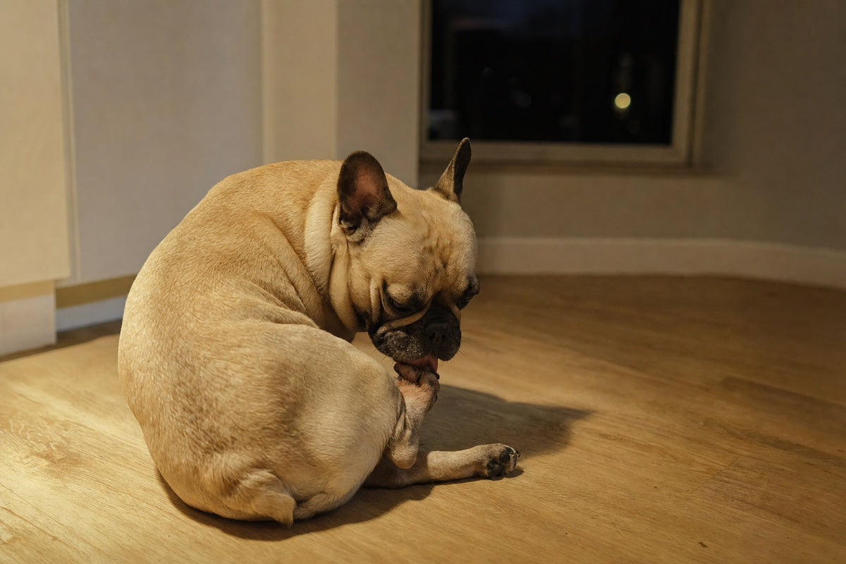 Dog licking its paw at night