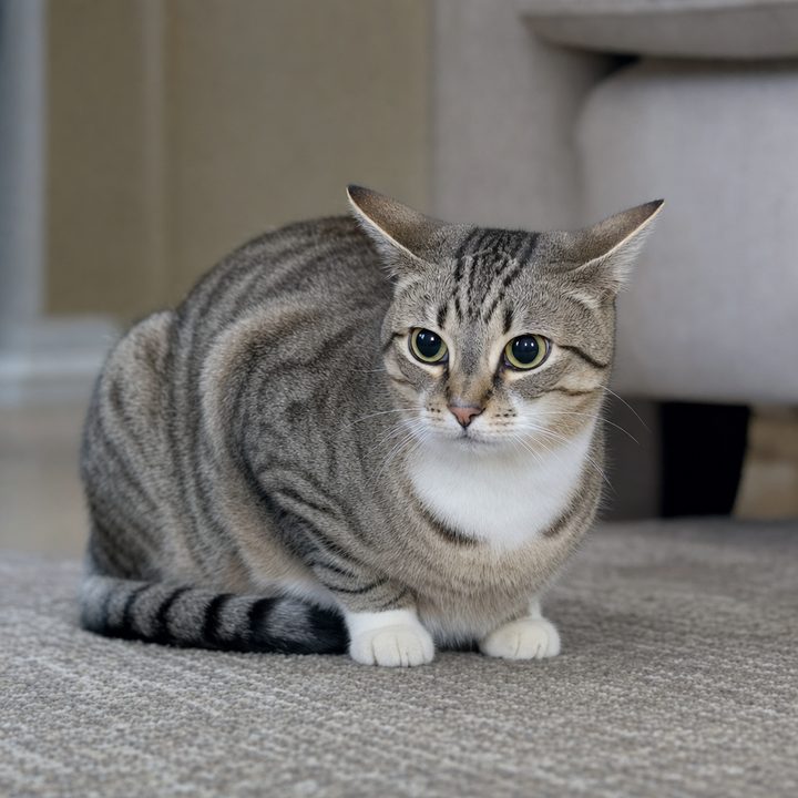 A grey tabby cat sitting alert and watchful on a rug on the first day, body compact and tail held close