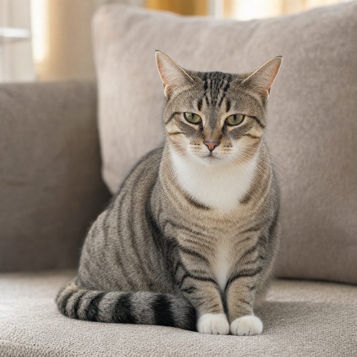 The same grey tabby cat sitting upright and settled on a sofa in week one, ears forward and shoulders dropped