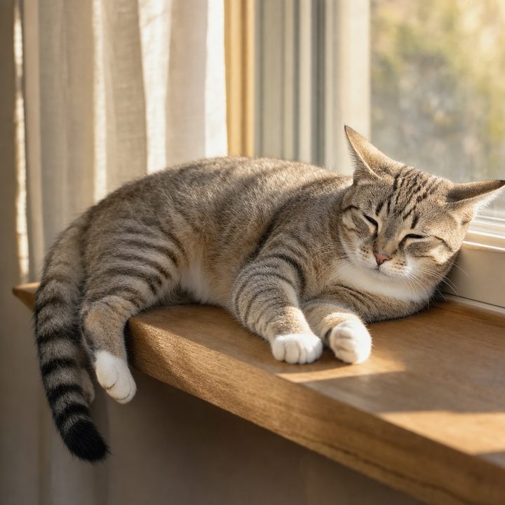 The same grey tabby cat lying on her side dozing in warm light on a sunlit ledge, paws relaxed and forward