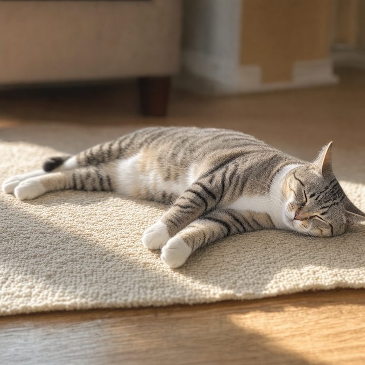 The same grey tabby cat asleep and fully stretched out across a rug in a sunbeam at day 60, limbs loose