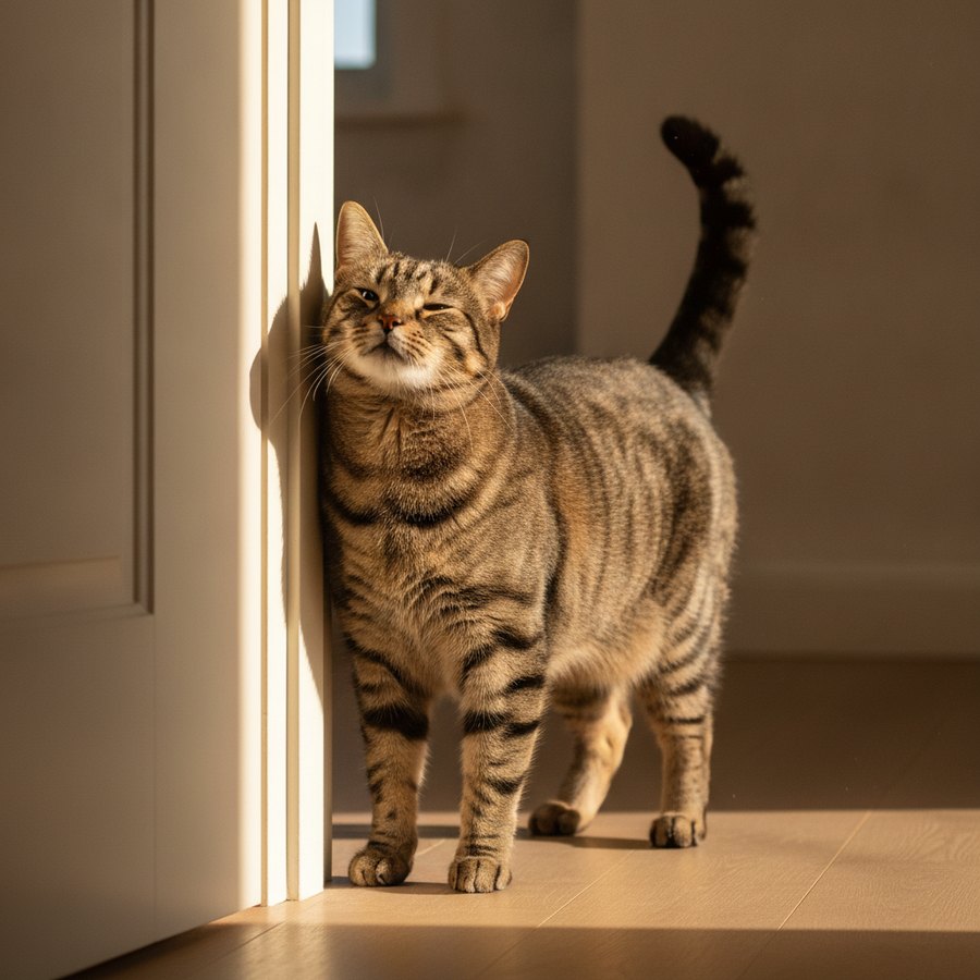A cat cheek-rubbing a doorway, leaving its own calming scent signal