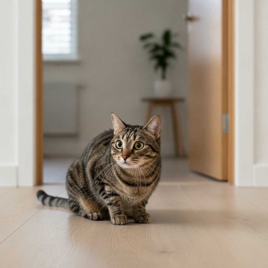 A tense cat crouched watching a doorway it has stopped marking