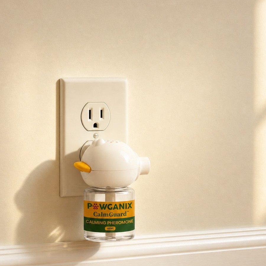 The CalmGuard diffuser plugged into a wall outlet in a calm room