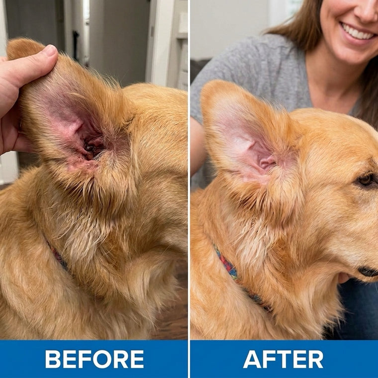 Before and after photos of Cooper, a Golden Retriever, showing a red inflamed ear canal before YeastGuard and a calm pale ear after