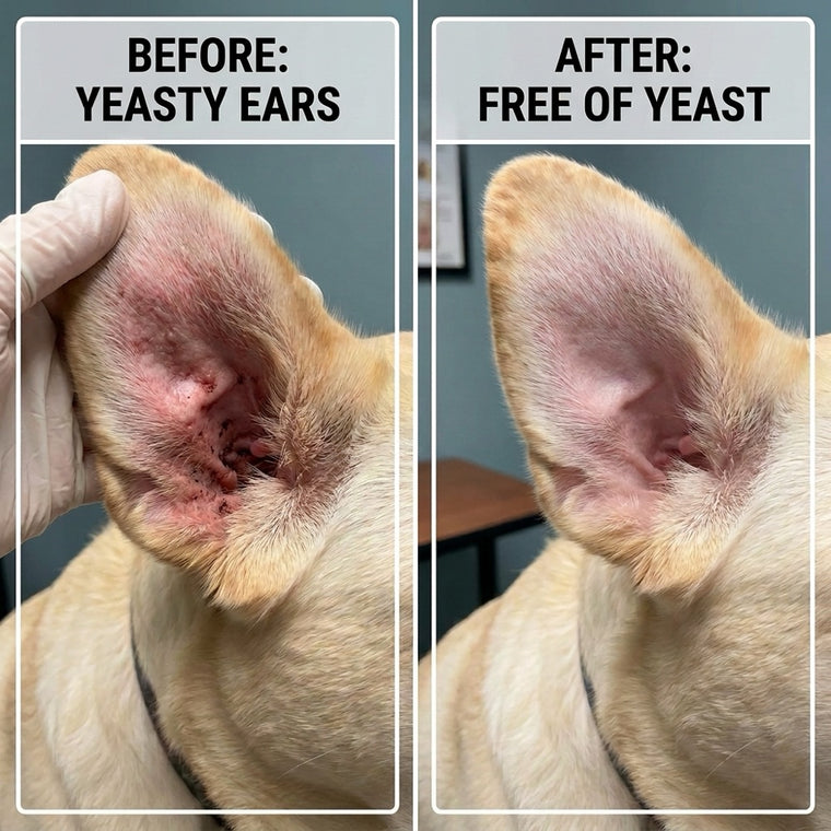 Before and after photos of Daisy's ear, labelled yeasty ears before YeastGuard and free of yeast after