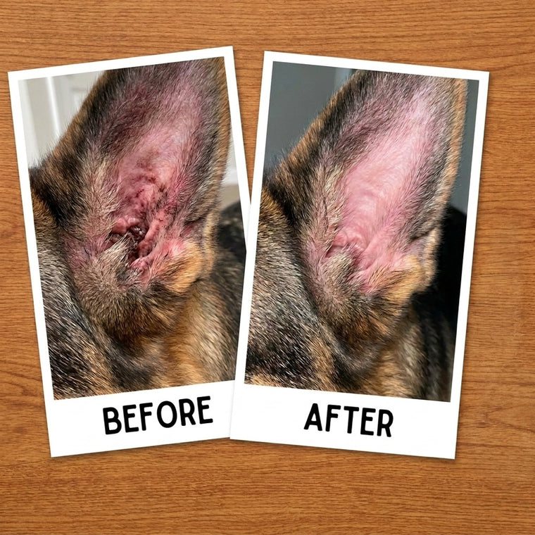 Two instant photos of Bruno's ear side by side, raw and crusty before YeastGuard and smooth and clean after